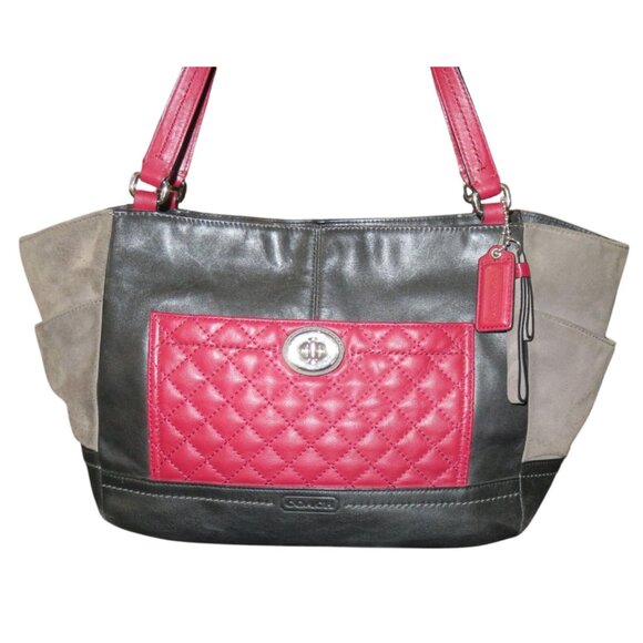 COACH PARK Quilted Turn Lock Color Block Suede & Leather Tote Satchel F24968 - Picture 1 of 13